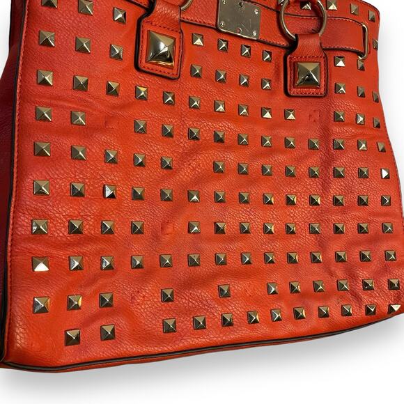 Convertible Top Handle Shoulder Bag Women's Red Gold Studded Faux Leather Tote - Picture 3 of 14